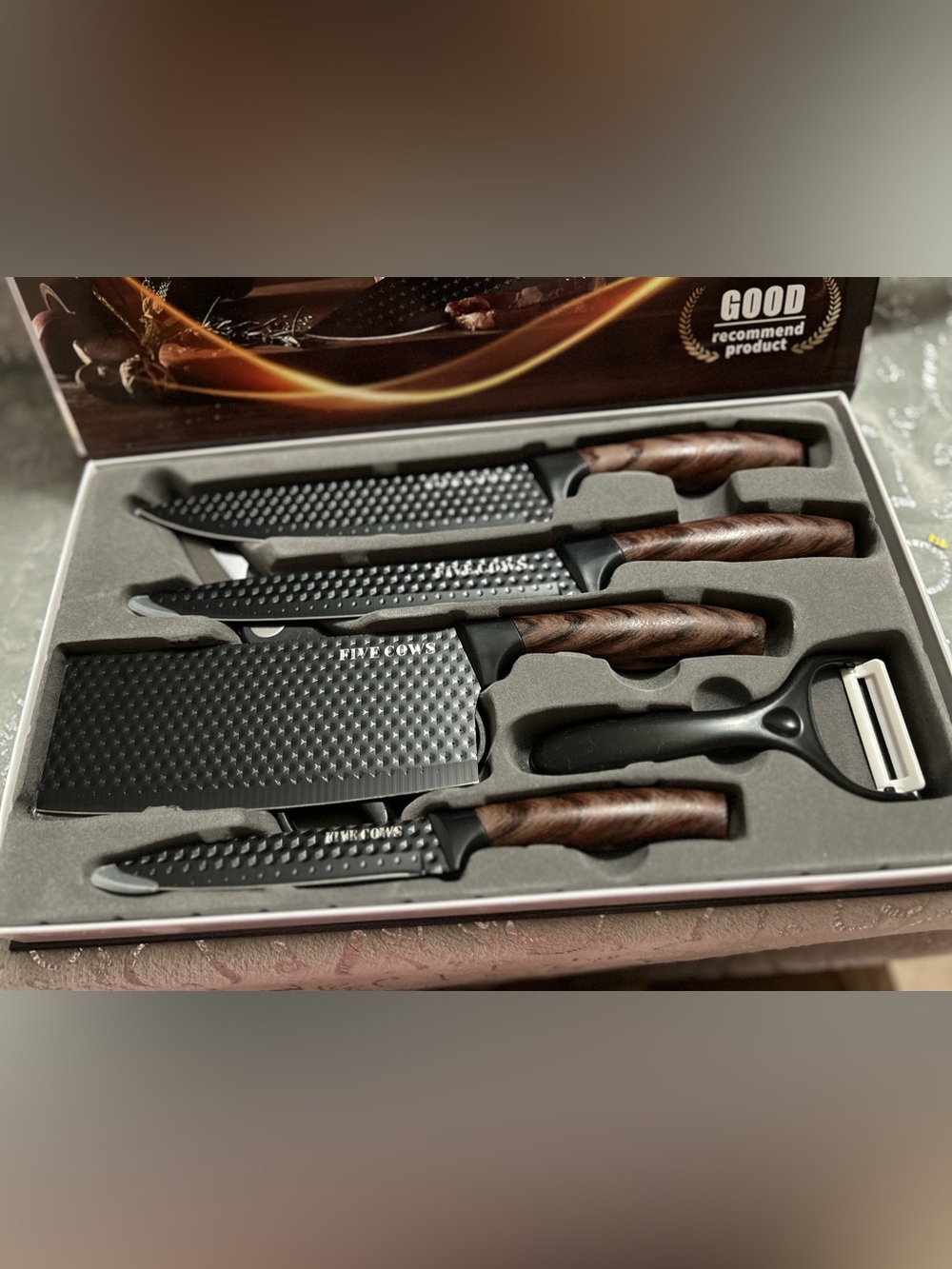 NWT Five Cows 6 Piece Knife Set – Black Blades with Wood-Grain Handles
